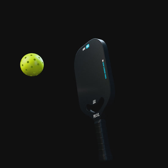 Illustrative animation of a ball striking the PIXXL Apex Pro paddle, with local face flex and blue ripples. Animation is not a measured performance test.